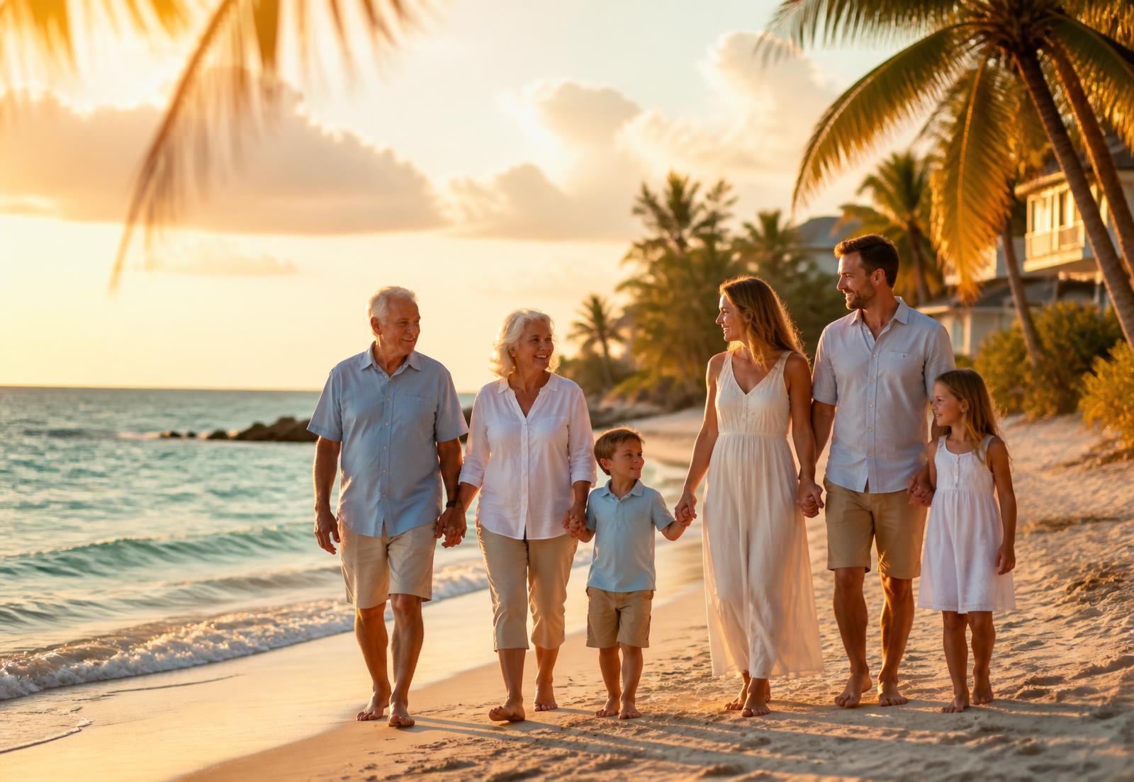 Multigenerational Florida family walking on the beach at sunset